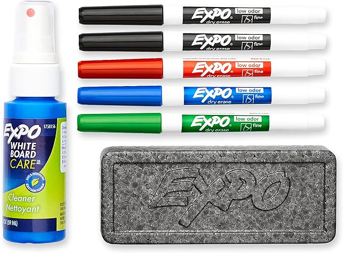 EXPO Low Odor Dry Erase Marker Set with White Board Eraser and Cleaner, Fine Tip Dry Erase Markers, Assorted Colors, 7 Piece Set with Whiteboard Cleaner