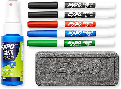 EXPO Low Odor Dry Erase Marker Set with White Board Eraser and Cleaner, Fine Tip Dry Erase Markers, Assorted Colors, 7 Piece Set with Whiteboard Cleaner