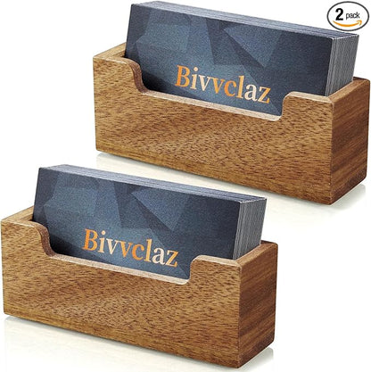 2 Pack Business Card Holder Desk, Acacia Wood Business Card Organizer Desktop Business Card Display Stand for Office Tabletop Exhibition, Small Business Essentials