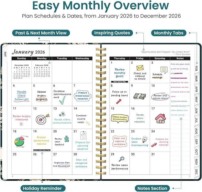 2026 Planner, Weekly and Monthly Planner for Women, January 2026 to December 2026, Pretty Hardcover 2026 Calendar Planner Book with Tabs, Inner Pocket, Spiral Bound, Perfect Office Home School Supplies - 6.3" x 8.5", Evergreen Elegance