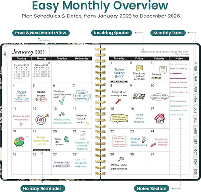 2026 Planner, Weekly and Monthly Planner for Women, January 2026 to December 2026, Pretty Hardcover 2026 Calendar Planner Book with Tabs, Inner Pocket, Spiral Bound, Perfect Office Home School Supplies - 6.3" x 8.5", Evergreen Elegance