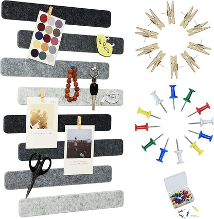 Gray Bulletin Board Strips, 8Pcs Felt Pin Board Bar Strips with 50 Pushpins, Self-Adhesive Felt Cork Board Strips for Wall to Display Your Notes, Photos, Schedules, Announcements