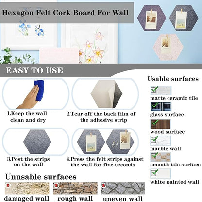 6Pcs Gray Hexagon Bulletin Board Strips,Grey Felt Pin Board Bar Strips with 50 Pushpins, Self-Adhesive Felt Cork Board Strips for Wall to Display Your Notes, Photos, Schedules, Announcements