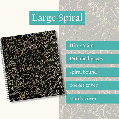 Steel Mill & Co Cute Large Spiral Notebook College Ruled, 11" x 9.5" with Durable Hardcover and 160 Lined Pages (Gold Floral)