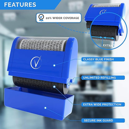 Identity Theft Protection Roller Stamps Wide Kit - Confidential Roller Stamp, Anti Theft, Privacy & Security Stamp, Designed for ID Blackout Security - Classy Blue Wide with 3 Refills