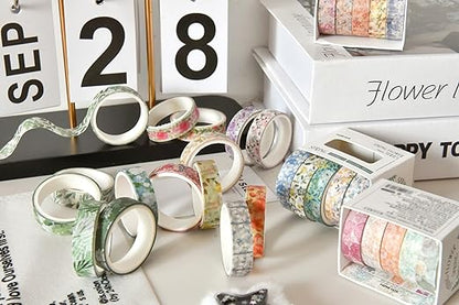 YUBX Flowers Washi Tape Set 30 Rolls Floral Patterns Decorative Skinny Slim Masking Tapes for Arts, DIY Crafts, Journals, Planners, Scrapbook, Wrapping (Blossoms Flourish)