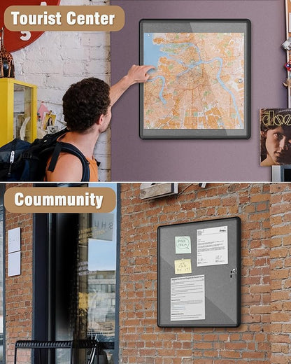 28"x26" Enclosed Bulletin Board, Lockable Weather-Resistant Aluminum Cork Noticeboard for School & Office, Black Frame w/Grey Flet