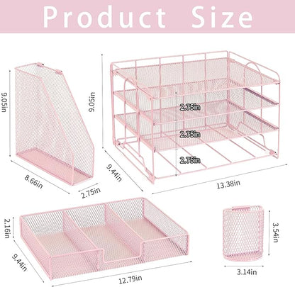 Desk Organizers and Accessories, Desk Accessories & Workspace Organizers for Office Supplies, File Organizer Desk Drawer Organizer with 2 Pen Holders, 4 Tier Paper Organizer for Desk(Rose Pink)