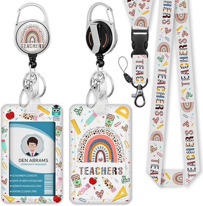 Teacher Lanyards for Id Badges, Rainbow Teachers Badge Holder with Retractable Reel Clip, Adjustable Breakaway Name Tag Lanyard Vertical ID Card Protector Case for Nurse Nursing Doctor Student