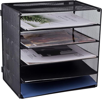 EASEPRES 5 Slot Mesh Desk Organizer Tray, File Paper Letter Folder Holder Desktop Paper Sorter Mail Organization Rack Storage Accessories, for Office Home School Classroom, Black, 2 Pack