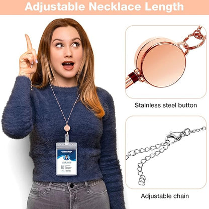 Outus 2 Pieces Badge Lanyard with ID Holders Stainless Steel Badge Holders Necklace Retractable Reel Clip Chain Water Resistant Name(Rose Gold, Black)
