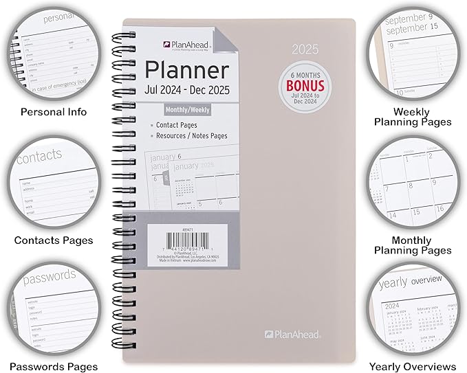 PlanAhead 2025 Planner - 8"x5.5" 18 Month Weekly & Monthly Academic Planner Notebook with Tabs - Spiral Calendar Agenda for School, Work & Office - No Color Selection Available, Chosen Randomly (Random 2025)