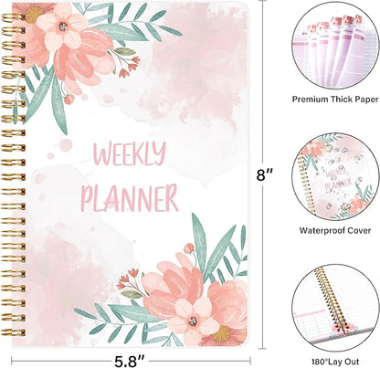 KMQOY Weekly Planner - Undated 52-Week To Do List Notebook with Habit Tracker Spiral Weekly Planner Notebook for Weekly Goals/Work Planner, 5.8" * 8" - pink flower