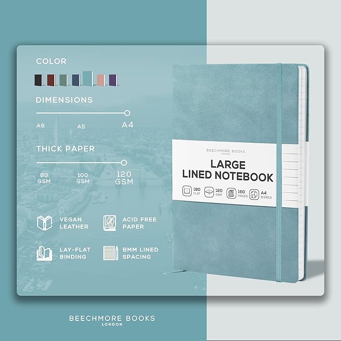 BEECHMORE BOOKS Ruled Journal Notebook, A4 8.5 x 11.5 inch 160 Lined Pages, Hardcover Leather Journals For Women, Men, Writing And Notebooks For Work - 120 GSM Thick Paper, Gifts Box Included
