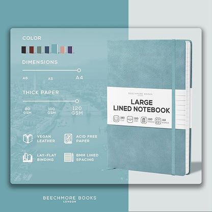 BEECHMORE BOOKS Ruled Journal Notebook, A4 8.5 x 11.5 inch 160 Lined Pages, Hardcover Leather Journals For Women, Men, Writing And Notebooks For Work - 120 GSM Thick Paper, Gifts Box Included