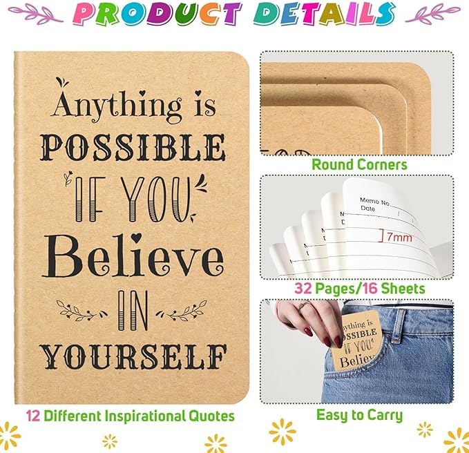 12 Pcs Mini Inspirational Notebooks Bulk with 12 Pcs Colorful Pens, Small Pocket Journal Notepads Set, Motivational Bulk Gifts for Women Men Teacher Student Kids,Fun School Office Supplies,3.5"x5.5"
