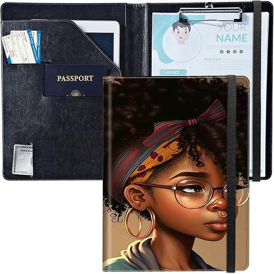 PU Leather Padfolio Clipboard Notepad with Pen Loop and Elastic Strap Interview/Resume Document Organizer for Business School Office,Black African American