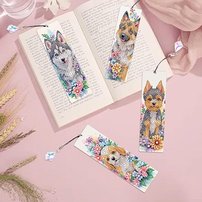 4 Pieces Diamond Art Painting Bookmarks for Adults 5D Floral Rhinestone Bookmarks Animal Dog Art Bookmarks DIY Diamond Painting Bookmarks with Tassels Crafts Supplies