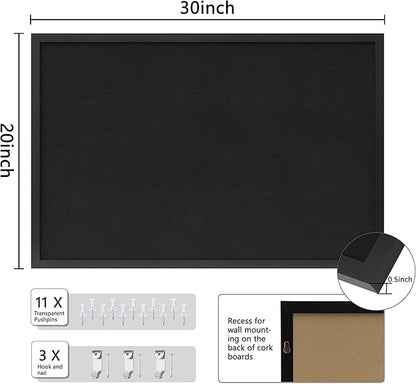 Cork Board with Linen Black,Bulletin Board 30"x20",Corkboards for Office Home School Message Board or Vision Board Decoration.