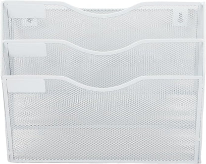 EASEPRES 3 Pocket Mesh Hanging Wall File Organizer, Wall Mounted Mail Paper Document Folder Holder, Clipboard Storage Organization Magazine Rack with Nametag Label for Office Home School, White