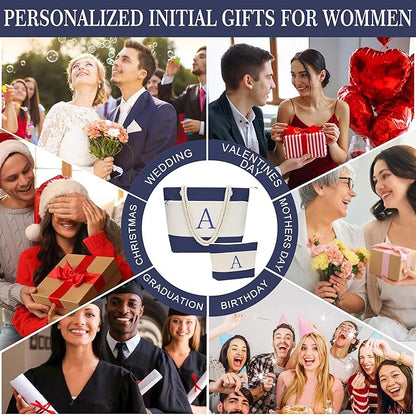 YOOLIFE Christmas Gifts for Women - Initial Canvas Tote Bag & Makeup Bag, Birthday Gifts for Women Mom Teacher Friend Sister