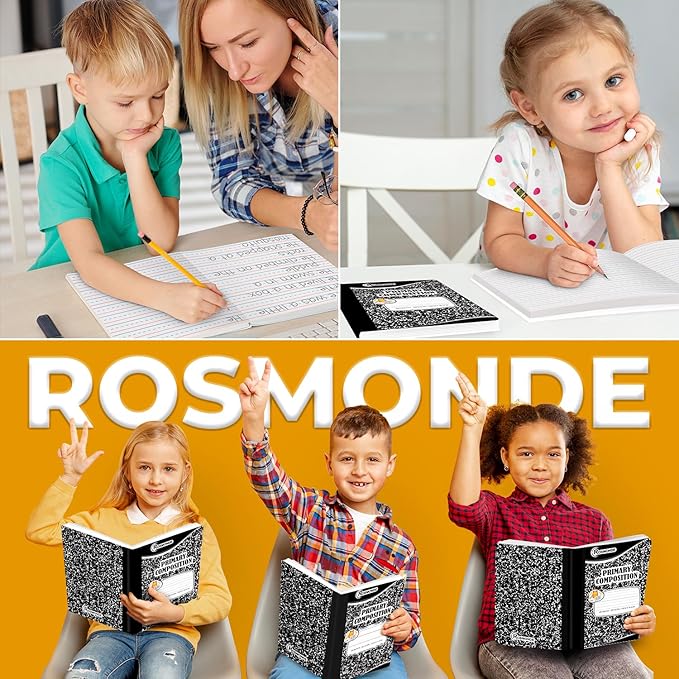 5 Pack Primary Composition Notebooks, 200 Pages (100 Sheets), Primary Ruled Composition Notebook for Kids, 9-3/4" x 7-1/2", Grades K-2 Writing Workbook, Writing Dotted Lined, Black Marble