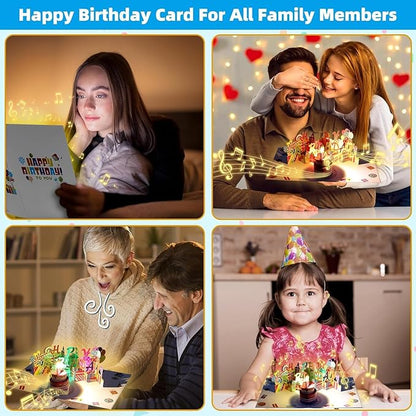3D PopUp Birthday Cards, 1-100 Age Luxury Blowable LED Light Candle Cake Music Happy Birthday Card Postcards Greeting Cards Birthday Gifts Decorations for Women, Man, Mom, Wife, Husband, Boy, Girl