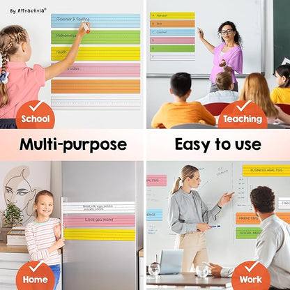 Dry Erase Magnetic Sentence Strips for Teachers, Whiteboards & Classrooms - 24" x 3.5" - 6 Colored Sentence Strips - Practice Handwriting, Sight Words, Spelling and Math