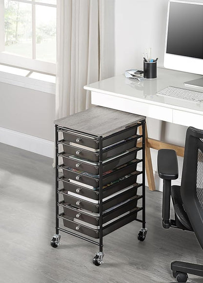 SunnyPoint Wooden Top Compact Rolling Storage 8 Drawers Organizer Mobile Utility Cart, Under Desk Storage Cart with Caster Wheels (Compact 8 Drawers, Black)