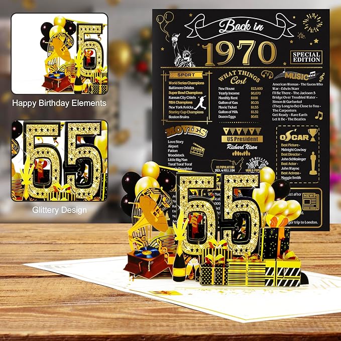 55th Birthday Card for Men Women, 3D Pop Up 55th Birthday Gifts Cards for Him Her, Back In 1970 Funny 55 Year Old Birthday Decorations