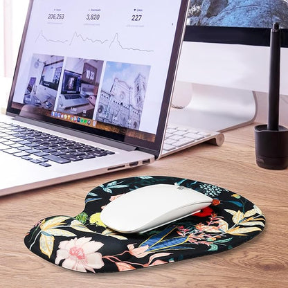 JIKIOU Mouse Pad, 2 Pack Ergonomic Mouse Pads with Comfortable Gel Wrist Rest Support and Lycra Cloth, Non-Slip PU Base for Easy Typing Pain Relief Durable and Easy to Clean Small Black Flowers