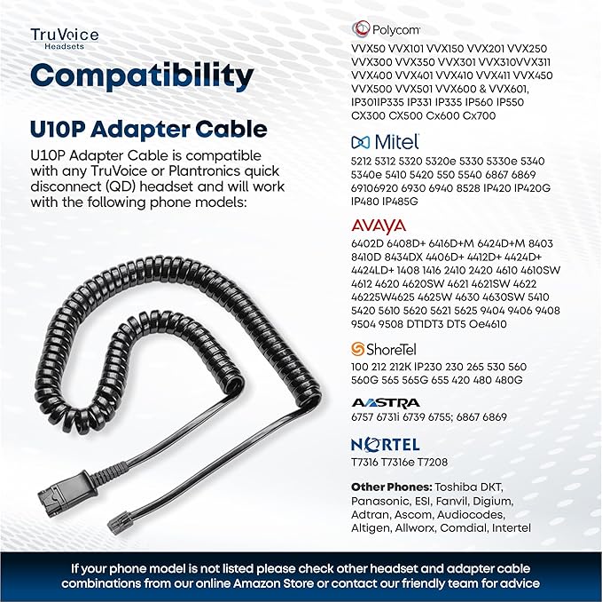 TruVoice HD-500 Office and Call Center Wired QD Headset with Noise Canceling Microphone and HD Speakers - Compatible with Mitel, Nortel, Avaya, Poly, Polycom, Shoretel, Digium, ESI, Fanvil Desk Phones