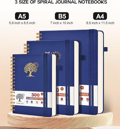 Spiral Notebook Journal for Women Men, 300 Numbered Lined Pages, College Ruled, A5 Hardcover Spiral Bound Notebook for School, Work, Note Taking Writing, Leather Spiral Journal Medium 5.9"x8.5"