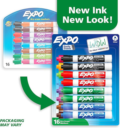 EXPO Low Odor Dry Erase Markers, Chisel Tip, Assorted Colors, 16 Count