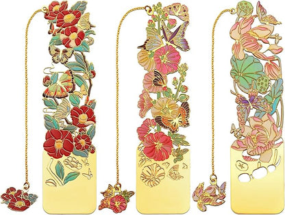 3 PCS Metal Bookmarks, Bookmarks for Reading Women, Pretty Bookmarks for Women, Beautiful Metal Bookmark, Beautiful Flower Bookmark, Lotus, Hollyhock, Camellia (BKM-050-002)