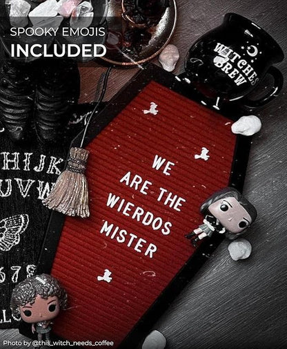Coffin Letter Board Red With Spooky Emojis +500 Characters, and Wooden Stand - 17x10.5 Inches - Goth Valentines Gifts Horror Spooky Gothic Valentines Day Halloween Decor Decorations