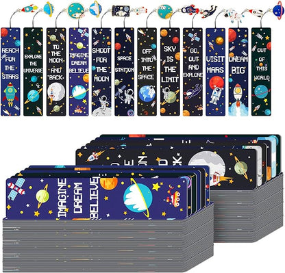 Christmas Space Theme Bookmarks with Metal Charms Planet Rocket Space Ship Theme Bookmarks Inspirational Quotes Bookmarks for Space Christmas Party Favors Gifts Kids Boys Girls Encourage(144 Pieces)