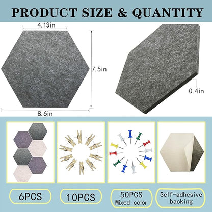 6Pcs Gray Hexagon Bulletin Board Strips,Grey Felt Pin Board Bar Strips with 50 Pushpins, Self-Adhesive Felt Cork Board Strips for Wall to Display Your Notes, Photos, Schedules, Announcements