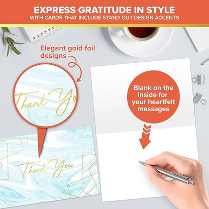 Decorably 24 Pack Gold-Foiled 6x4in Light Blue Thank You Cards with Envelopes and Stickers, 24 Elegant Designs Thank You Blue Cards, Blank Inside - Wedding, Baby Shower