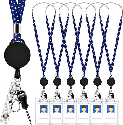 6 Pack Retractable Badge Lanyards and ID Badge Holder, Strap Lanyard with Swivel Metal Clasp for Badge Holders, Keychains, Offices, Staff, Students, Employees, American Flag