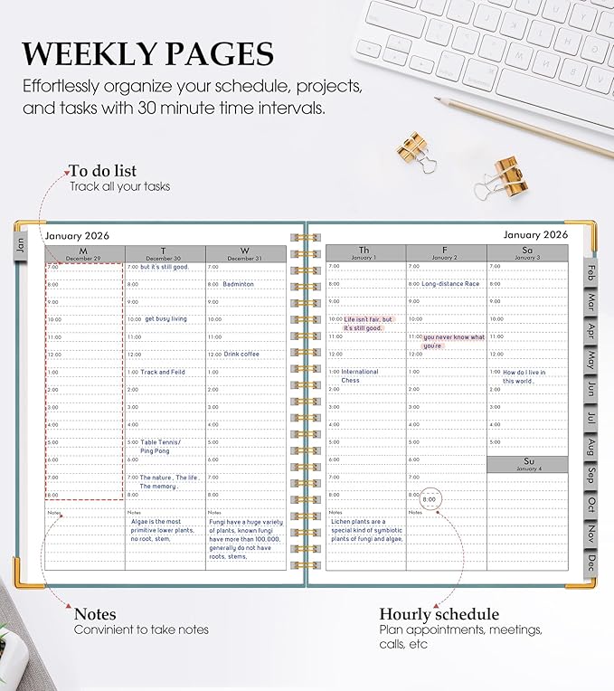 2026 Planner, Weekly and Monthly Calendar Planner from January 2026 - December 2026, 5.75" x 8.38" Hardcover Leather Hourly Appointment Book with Tabs, A5 Spiral Daily Planners for College School Work Home, Blue