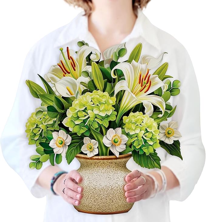 Freshcut Paper Pop Up Cards, Ivory & Sage, 12 Inch Life Sized Forever Flower Bouquet 3D Popup Greeting Card, Birthday Cards, Get Well Gifts, Blank Notecard & Envelope