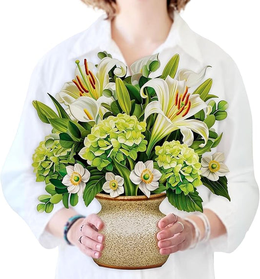 Freshcut Paper Pop Up Cards, Ivory & Sage, 12 Inch Life Sized Forever Flower Bouquet 3D Popup Greeting Card, Birthday Cards, Get Well Gifts, Blank Notecard & Envelope