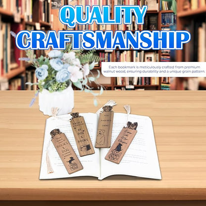 Dog Bookmark – Set of 4 Wooden Bookmarks with Tassels, Made from Walnut Wood,Funny Bookmark Gift for Men and Women, Novelty Gag Bookmark for Book Lovers,Christmas Stocking Stuffer