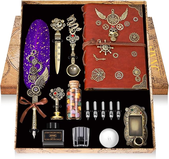 Quill Pen Ink Set, Feather Pen Ink Set With Quill Pen, Notebook, 5 Replaceable Nibs, Seal Stamp, Spoon, Wax Beads, White Wax, Ink, Pen Holder, Cup, Envelope, Letter Paper, Envelope Tool(Purple)