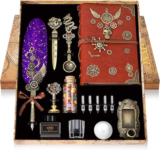 Quill Pen Ink Set, Feather Pen Ink Set With Quill Pen, Notebook, 5 Replaceable Nibs, Seal Stamp, Spoon, Wax Beads, White Wax, Ink, Pen Holder, Cup, Envelope, Letter Paper, Envelope Tool(Purple)