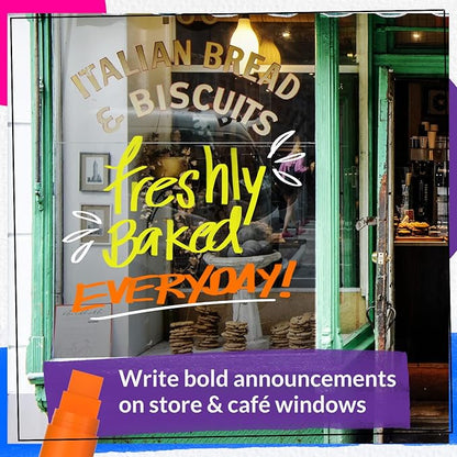 8 Washable Window Markers for Cars - 15mm Jumbo Colored Pens - Neon Paint Chalk Markers for Glass, Chalkboard, Blackboard, Bistro, Menu Board - Chalk Pens for Teachers, Kids, Businesses