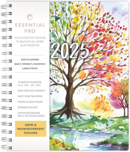Essential PRO 2025 Daily, Weekly & Monthly Planner, 7"x9": 14 Months (Nov 2024 - Dec 2025) Monthly Tabs,Daily Tracking,Notes Pages,Storage Pocket,Bookmark w Sticky Notes (Tree Seasons)