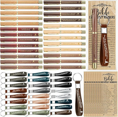 25 Sets Christmas Christian Church Gifts Bulk Bible Verse Plastic Gel Pen Religious Silicone Keychains Scripture Bookmark 2''x 6'' Emergency Numbers Bible Bookmarks Gift Pastor (Wood Color)