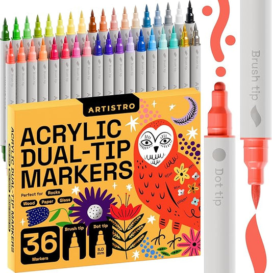 ARTISTRO 36 Acrylic Paint Markers for Fabric, Rocks, Paper, Wood, Canvas, Glass, DIY - Safe for Kids Dual Tip Acrylic Paint Pens (Dual Tip Dot + Brush, 36)